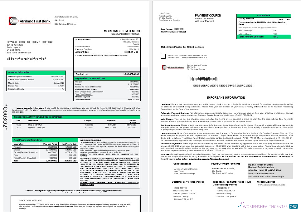 Sao Tome and Principe Afriland First bank mortgage statement in Word and PDF formats 1 2